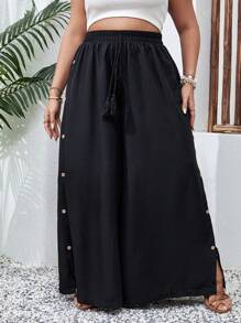 SHEIN VCAY Quần Plus Size mép Nút phía trước màu trơn Giải trí - màu đen - Xem 5