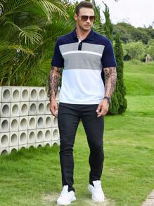 Manfinity Homme Áo thun có cổ Nam Nút Khối Màu Sọc Giải trí - Xanh và trắng - Xem 3