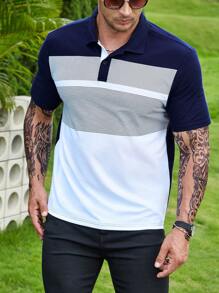 Manfinity Homme Áo thun có cổ Nam Nút Khối Màu Sọc Giải trí - Xanh và trắng - Xem 4