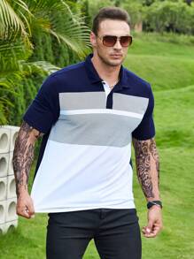 Manfinity Homme Áo thun có cổ Nam Nút Khối Màu Sọc Giải trí - Xanh và trắng - Xem 5