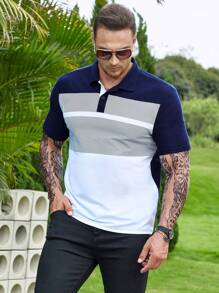 Manfinity Homme Áo thun có cổ Nam Nút Khối Màu Sọc Giải trí - Xanh và trắng - Xem 6