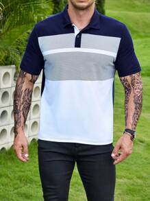 Manfinity Homme Áo thun có cổ Nam Nút Khối Màu Sọc Giải trí - Xanh và trắng - Xem 7