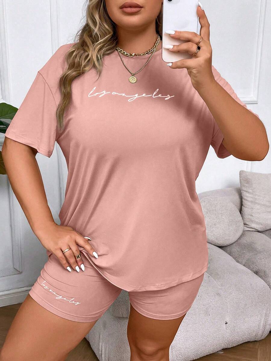 SHEIN Unity Plus Letter Graphic Drop Shoulder Tee & Cycling Shorts - Pink - View 1