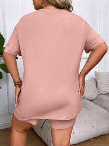 SHEIN Unity Plus Letter Graphic Drop Shoulder Tee & Cycling Shorts - Pink - View 2
