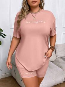 SHEIN Unity Plus Letter Graphic Drop Shoulder Tee & Cycling Shorts - Pink - View 3
