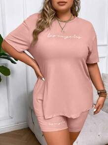 SHEIN Unity Plus Letter Graphic Drop Shoulder Tee & Cycling Shorts - Pink - View 4