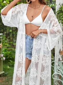 Swim Vcay Embroidery Mesh Scallop Trim Kimono - White - View 3