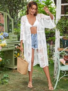 Swim Vcay Embroidery Mesh Scallop Trim Kimono - White - View 4