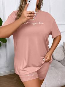 SHEIN Unity Plus Letter Graphic Drop Shoulder Tee & Cycling Shorts - Pink - View 6
