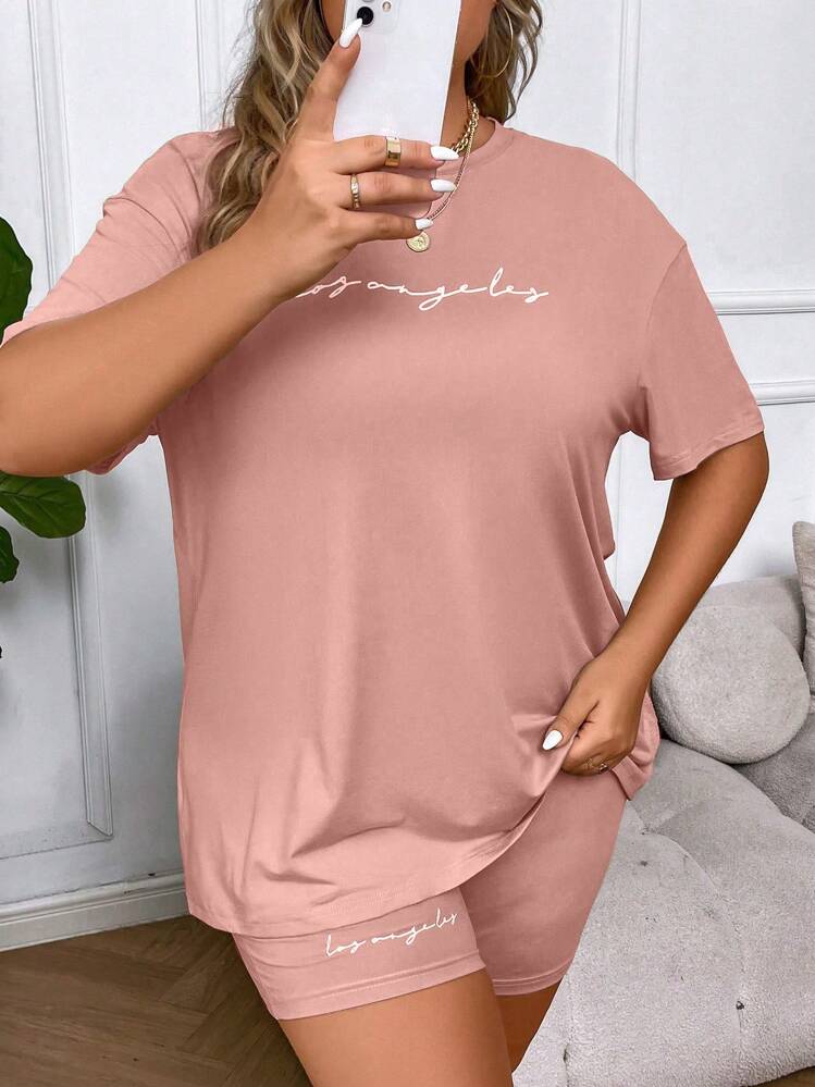 SHEIN Unity con estampado de letra Camiseta de hombros caídos & Shorts biker - Rosa - Añade 6
