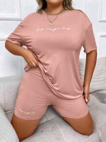 SHEIN Unity Plus Letter Graphic Drop Shoulder Tee & Cycling Shorts - Pink - View 7