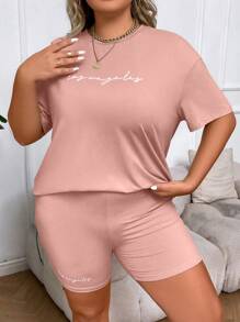 SHEIN Unity Plus Letter Graphic Drop Shoulder Tee & Cycling Shorts - Pink - View 8