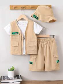 SHEIN 少年男孩字母拼接口袋背心＆短褲＆帽子 - 卡其色 - 查看 2