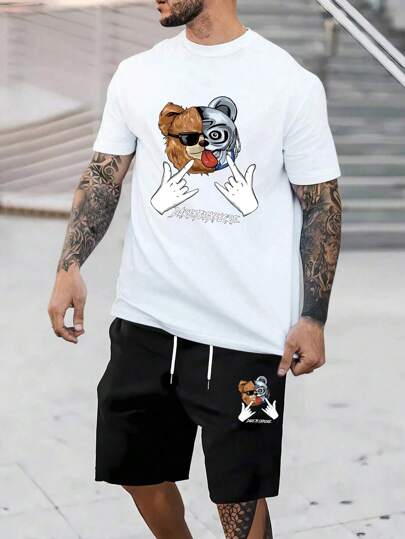 تي شيرت وشورت بجرافيك عبارة ودب للرجال