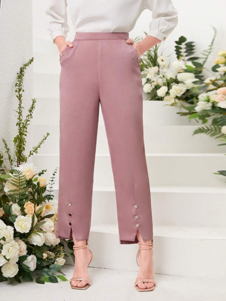 Modelyn Button Detail Split Hem Suit Trousers - Dusty Pink - View 1