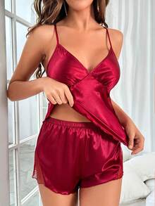 Bộ đồ ngủ Nữ Tương phản ren Xù nhỏ Xù màu trơn - Màu Đỏ Sâu - Xem 5