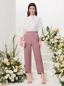 Modelyn Button Detail Split Hem Suit Trousers - Dusty Pink - View 5