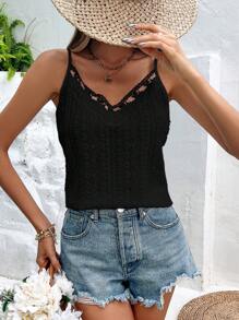 SHEIN VCAY Guipure Lace Trim Cami Top - Black - View 5