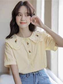 Blusa con bordado floral de cuello exagerado - Amarillo - Ver 4
