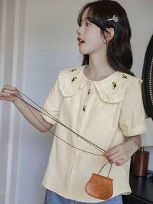 Blusa con bordado floral de cuello exagerado - Amarillo - Ver 5