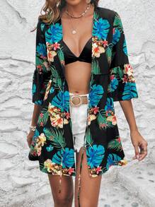 Swim Vcay Tropical Print Tie Front Kimono - Black - View 4