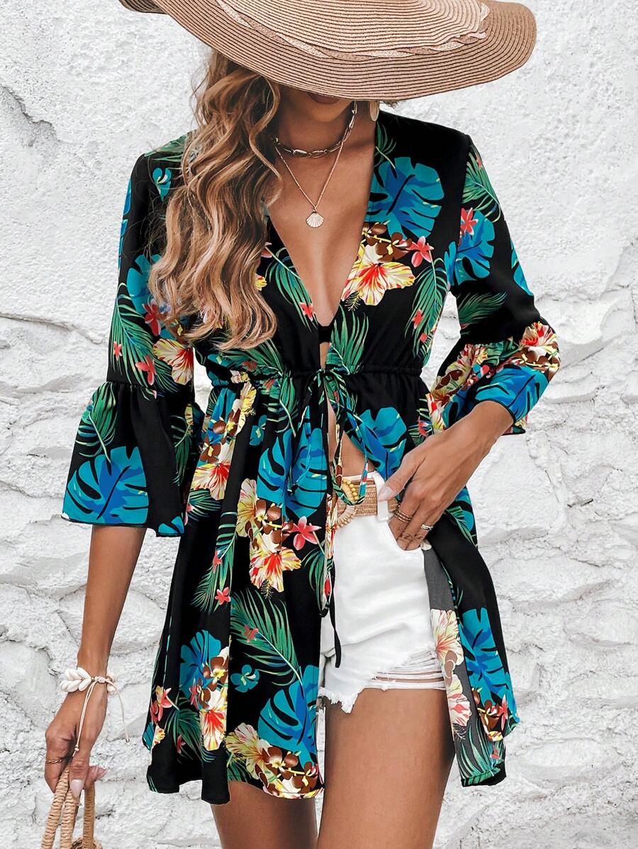 Swim Vcay Tropical Print Tie Front Kimono - Black - View 1