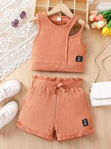 SHEIN Bộ hai mảnh Gái Đắp vá Quần paper-bag Lá thư Giải trí - màu nâu - Xem 1