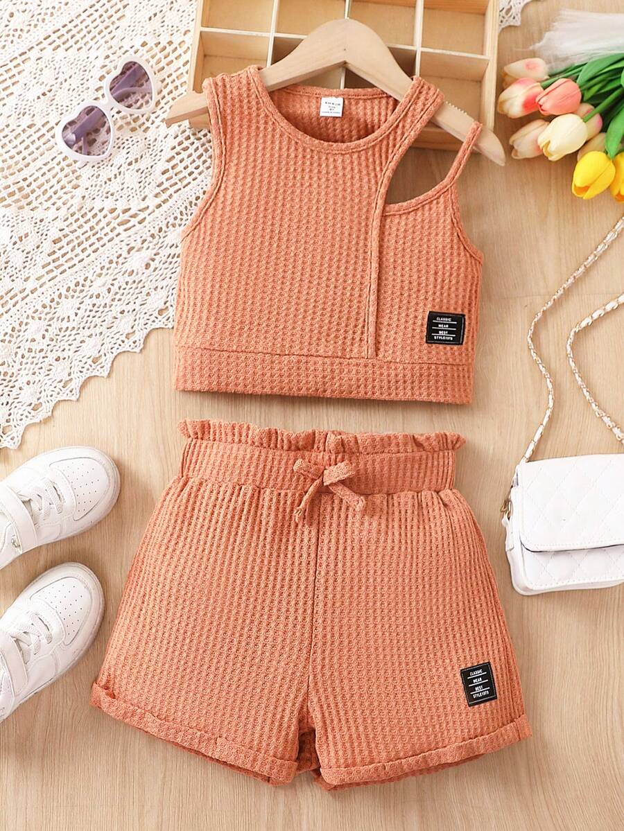 SHEIN Bộ hai mảnh Gái Đắp vá Quần paper-bag Lá thư Giải trí - màu nâu - Xem 1