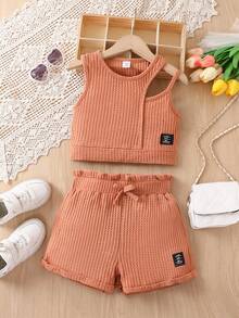 SHEIN Bộ hai mảnh Gái Đắp vá Quần paper-bag Lá thư Giải trí - màu nâu - Xem 3