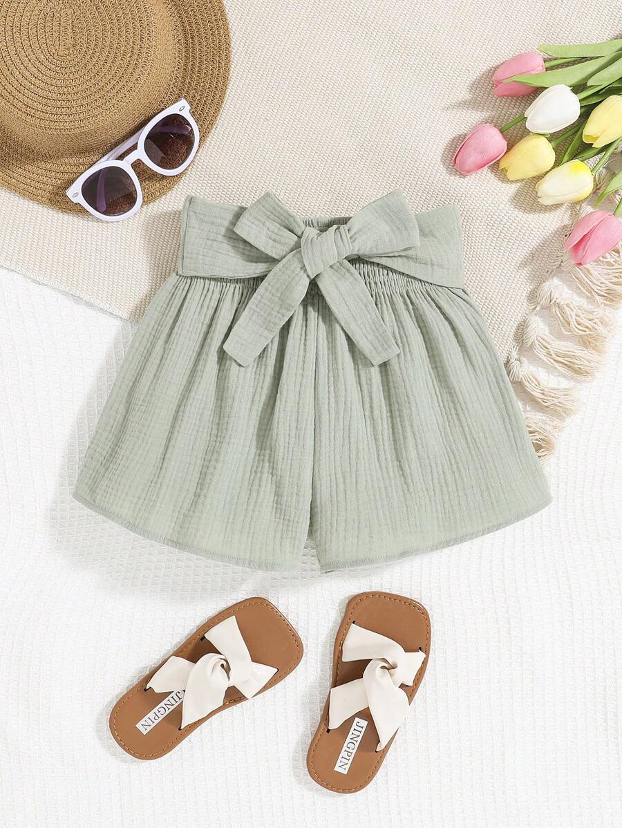 SHEIN Quần Short Gái Thắt lưng Dải chun Quần paper-bag màu trơn Giải trí - Màu xanh Bạc hà - Xem 1