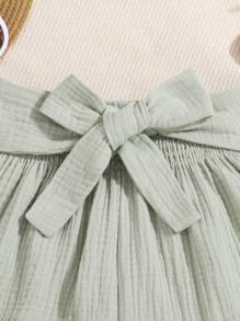 SHEIN Quần Short Gái Thắt lưng Dải chun Quần paper-bag màu trơn Giải trí - Màu xanh Bạc hà - Xem 3