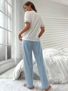 字母图案对比装订睡衣套装/睡衣套装 - 藍白色 - 查看 2