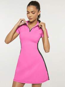 VARSITIE Contrast Panel Quarter Zip Active Dress,Women Tennis Outfit - Hot Pink - View 3