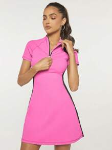 VARSITIE Contrast Panel Quarter Zip Active Dress,Women Tennis Outfit - Hot Pink - View 4
