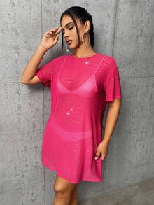 SHEIN SXY 水鑽細節透視網紗連衣裙不附帶內衣褲套裝 - 玫紅色 - 查看 4