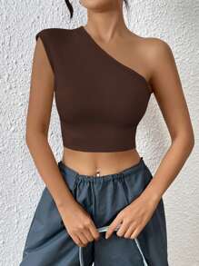 SHEIN ICON 單肩露背短款上衣 - 巧克力棕 - 查看 2