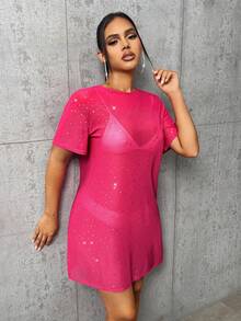 SHEIN SXY 水鑽細節透視網紗連衣裙不附帶內衣褲套裝 - 玫紅色 - 查看 6