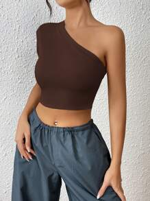 SHEIN ICON 單肩露背短款上衣 - 巧克力棕 - 查看 3