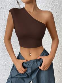 SHEIN ICON 單肩露背短款上衣 - 巧克力棕 - 查看 5