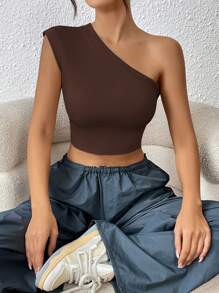 SHEIN ICON 單肩露背短款上衣 - 巧克力棕 - 查看 6