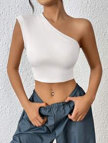 SHEIN ICON Áo nữ Bất đối xứng Cắt ra Lộ Lưng màu trơn Gợi cảm - trắng - Xem 2