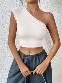 SHEIN ICON Áo nữ Bất đối xứng Cắt ra Lộ Lưng màu trơn Gợi cảm - trắng - Xem 4