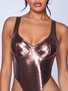 SHEIN BAE 素色緊身上衣金屬質感連身背心 - 咖啡棕 - 查看 6