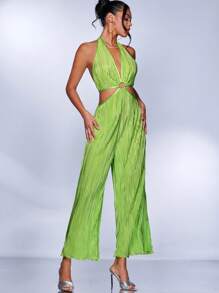 SHEIN BAE 鏤空後背繫帶繞頸連體褲 - 青檸色 - 查看 1