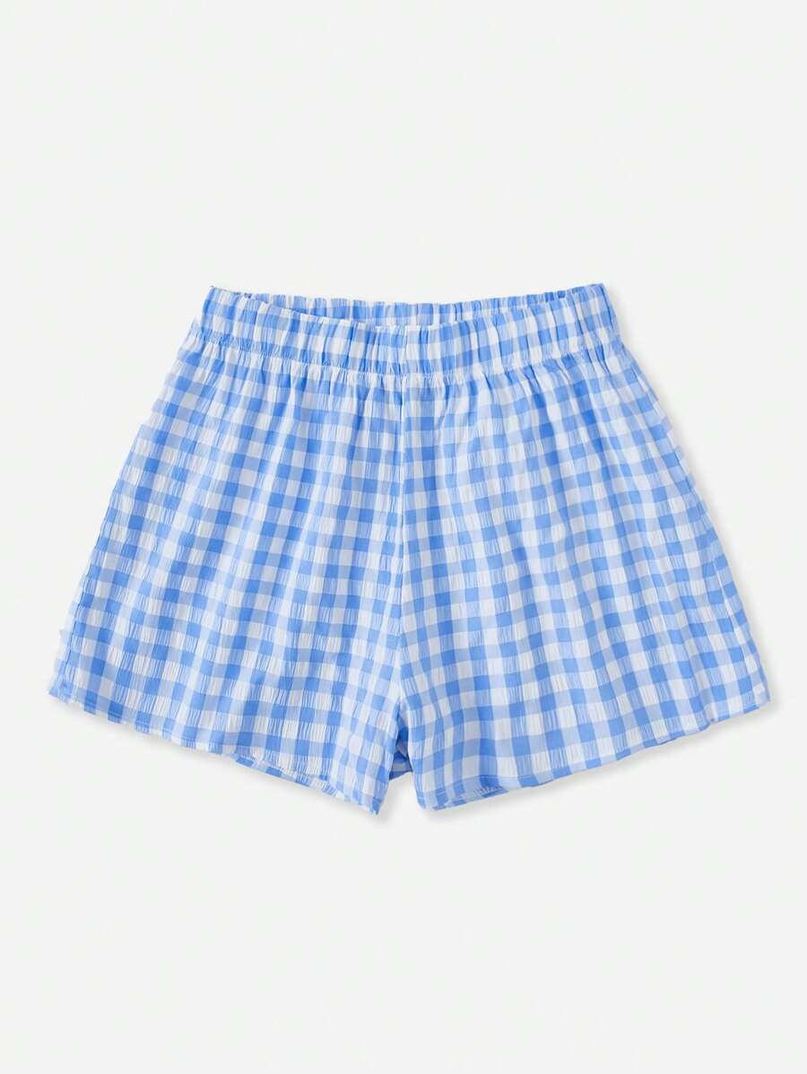 SHEIN EZwear Gingham Elastic Waist Shorts - Blue and White - View 1