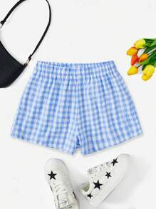 SHEIN EZwear Gingham Elastic Waist Shorts - Blue and White - View 3