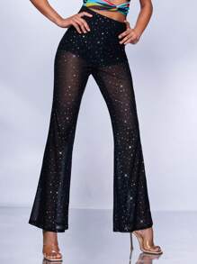 SHEIN BAE Sequin Detail Flare Leg Trousers - Black - View 4