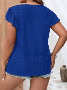 SHEIN LUNE 大碼網眼刺繡蝴蝶袖荷葉邊下擺T恤 - 寶藍色 - 查看 2