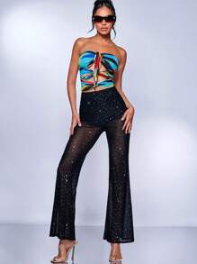 SHEIN BAE Sequin Detail Flare Leg Trousers - Black - View 5