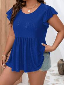 SHEIN LUNE 大碼網眼刺繡蝴蝶袖荷葉邊下擺T恤 - 寶藍色 - 查看 4